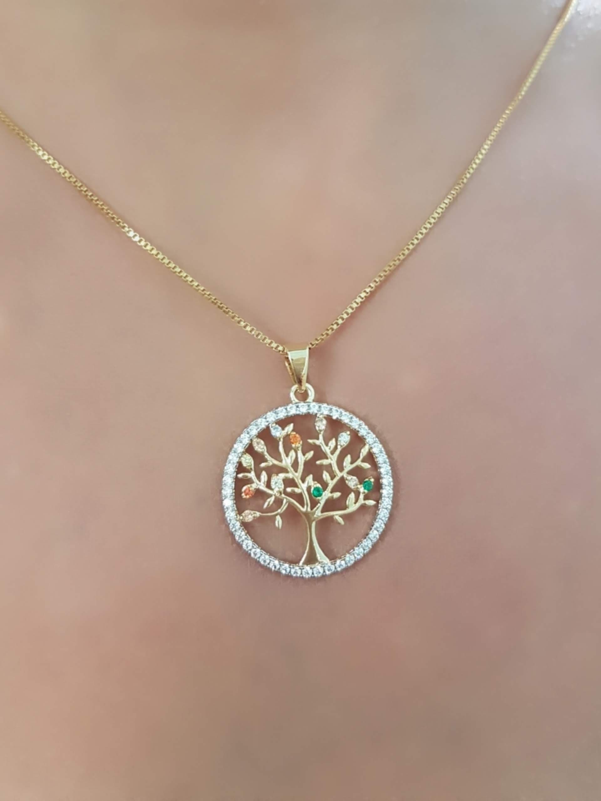 Colar Arvore Da Vida Com Micro Zirconia Branca E Colorida Em Banho De Ouro 18k Atacado Pietra Joias Vip