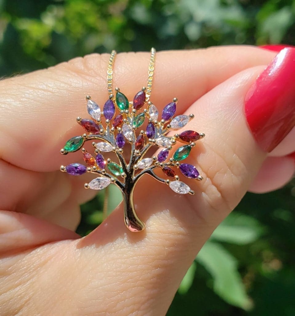 Colar rvore Da Vida Com Zirc nia Navete Colorida Em Banho De Ouro 18k 